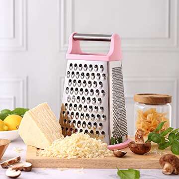 Spring Chef Professional Stainless Steel XL Parmesan Cheese Grater with Handle - 4 Sided Box Grater for Kitchen - Dishwasher Safe Carrot Shredder for Potato, Vegetables, Ginger - Pink Lemonade