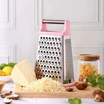 Spring Chef Professional Stainless Steel XL Parmesan Cheese Grater with Handle - 4 Sided Box Grater for Kitchen - Dishwasher Safe Carrot Shredder for Potato, Vegetables, Ginger - Pink Lemonade
