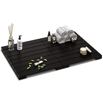 Waterproof Bamboo Bath Mat for Shower, Foldable | Non-Slip | Heavy Duty, Wooden Bath Mat, Floor Mat ...