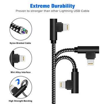 [3-Pack] Right Angle iPhone Charging Cable Nylon Braided 90 Degree Elbow Design Compatible with iPho...