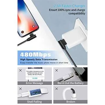 [3-Pack] Right Angle iPhone Charging Cable Nylon Braided 90 Degree Elbow Design Compatible with iPhone Xs Max/XS/XR/X, 8 7 6s 6 Plus, SE, 5s, 5c, 5, iPad Mini/Air/Pro (Black White, 10ft)
