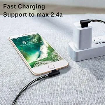 [3-Pack] Right Angle iPhone Charging Cable Nylon Braided 90 Degree Elbow Design Compatible with iPhone Xs Max/XS/XR/X, 8 7 6s 6 Plus, SE, 5s, 5c, 5, iPad Mini/Air/Pro (Black White, 10ft)