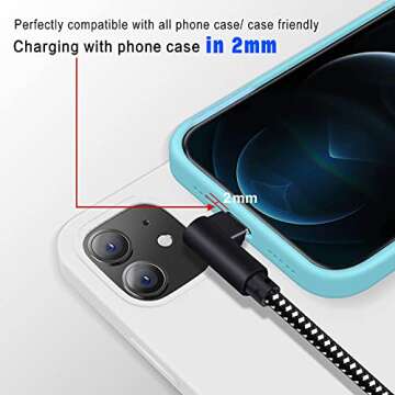 [3-Pack] Right Angle iPhone Charging Cable Nylon Braided 90 Degree Elbow Design Compatible with iPhone Xs Max/XS/XR/X, 8 7 6s 6 Plus, SE, 5s, 5c, 5, iPad Mini/Air/Pro (Black White, 10ft)