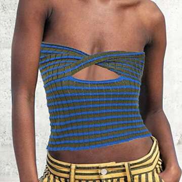 ACOSAP Women's Sexy Crop Top Sleeveless Striped Print Ribbed Knit Stretchy Strapless Tube Top