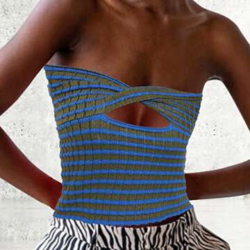 ACOSAP Women's Sexy Crop Top Sleeveless Striped Print Ribbed Knit Stretchy Strapless Tube Top