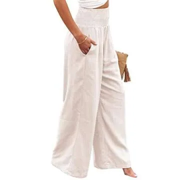Vansha Women Summer High Waisted Cotton Linen Palazzo Pants Wide Leg Long Lounge Pant Trousers with Pocket White S