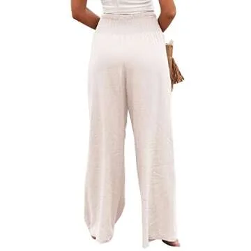 Vansha Women Summer High Waisted Cotton Linen Palazzo Pants Wide Leg Long Lounge Pant Trousers with Pocket White S
