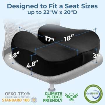 Large Seat Cushion for Office Chairs - Fits 22"x 20" Seats, Tailbone Pain Relief - Butt, & Coccyx, Hip, Pressure & Sciatica Relief - Gaming, Wheelchair, Car & Desk Ergonomic Pillow, Black