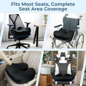 Large Seat Cushion for Office Chairs - Fits 22"x 20" Seats, Tailbone Pain Relief - Butt, & Coccyx, Hip, Pressure & Sciatica Relief - Gaming, Wheelchair, Car & Desk Ergonomic Pillow, Black