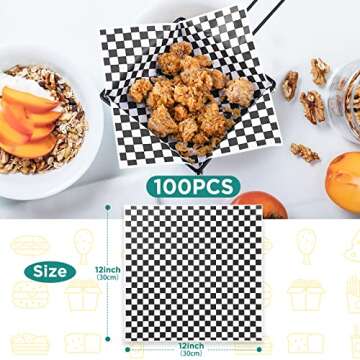 GeeRic Waxed Deli Paper Sheets 12 * 12 Inch, 100 Pcs Food Basket Liners for Sandwiches, Burgers, Checkered Deli Wrap Wax Paper Sheets Black