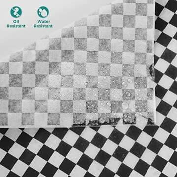 GeeRic Waxed Deli Paper Sheets 12 * 12 Inch, 100 Pcs Food Basket Liners for Sandwiches, Burgers, Checkered Deli Wrap Wax Paper Sheets Black