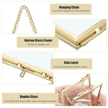 JUXYES Set of 4 Mini Brass Wall Hanging Photo Frame, Square Glass Hanging Picture Artwork Display Frame, Double Glass Floating Frame Style Gallery Wall Frame for Picture, Pressed Flower, etc