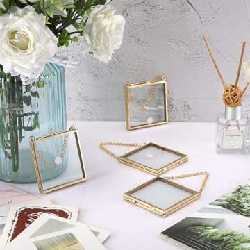 JUXYES Set of 4 Mini Brass Wall Hanging Photo Frame, Square Glass Hanging Picture Artwork Display Frame, Double Glass Floating Frame Style Gallery Wall Frame for Picture, Pressed Flower, etc