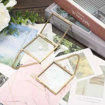 JUXYES Set of 4 Mini Brass Wall Hanging Photo Frame, Square Glass Hanging Picture Artwork Display Frame, Double Glass Floating Frame Style Gallery Wall Frame for Picture, Pressed Flower, etc