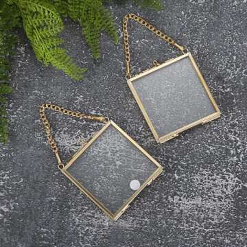 JUXYES Set of 4 Mini Brass Wall Hanging Photo Frame, Square Glass Hanging Picture Artwork Display Frame, Double Glass Floating Frame Style Gallery Wall Frame for Picture, Pressed Flower, etc