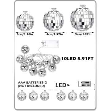 BBTO 10 Pcs LED Disco Ball String Light Battery Powered Mirror Ball Ornaments 70s 80s 90s Disco Party Supplies(Warm Silver,1.57 Inch)