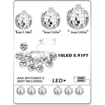 BBTO 10 Pcs LED Disco Ball String Light Battery Powered Mirror Ball Ornaments 70s 80s 90s Disco Party Supplies(Warm Silver,1.57 Inch)