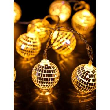 BBTO 10 Pcs LED Disco Ball String Light Battery Powered Mirror Ball Ornaments 70s 80s 90s Disco Party Supplies(Warm Silver,1.57 Inch)