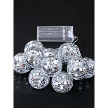 BBTO 10 Pcs LED Disco Ball String Light Battery Powered Mirror Ball Ornaments 70s 80s 90s Disco Party Supplies(Warm Silver,1.57 Inch)