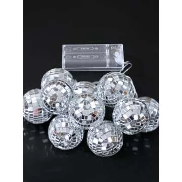 BBTO 10 Pcs LED Disco Ball String Light Battery Powered Mirror Ball Ornaments 70s 80s 90s Disco Party Supplies(Warm Silver,1.57 Inch)