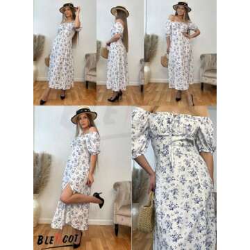 BLENCOT Casual Womens Summer Short Sleeve Square Neck Split Thigh Dress Boho Floral Print Tie Front Ruched Midi Dresses AP120White Small Size