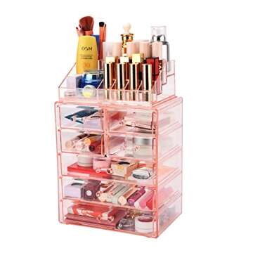 ZHIAI Cosmetic Makeup and Jewelry Storage Case Display - Spacious Design - Great for Bathroom, Dresser, Vanity and Countertop (1 Top 7 Drawers, Pink)