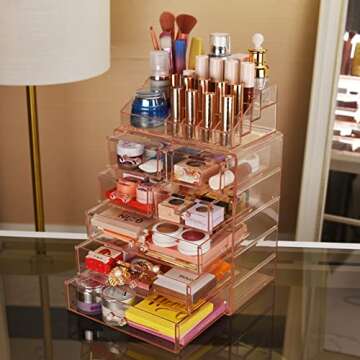 ZHIAI Cosmetic Makeup and Jewelry Storage Case Display - Spacious Design - Great for Bathroom, Dresser, Vanity and Countertop (1 Top 7 Drawers, Pink)