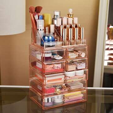ZHIAI Cosmetic Makeup and Jewelry Storage Case Display - Spacious Design - Great for Bathroom, Dresser, Vanity and Countertop (1 Top 7 Drawers, Pink)