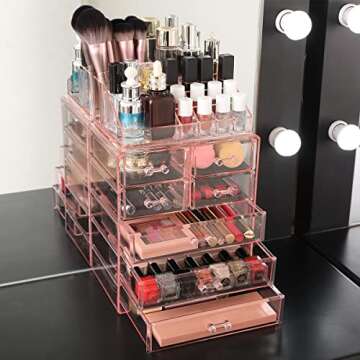 ZHIAI Cosmetic Makeup and Jewelry Storage Case Display - Spacious Design - Great for Bathroom, Dresser, Vanity and Countertop (1 Top 7 Drawers, Pink)
