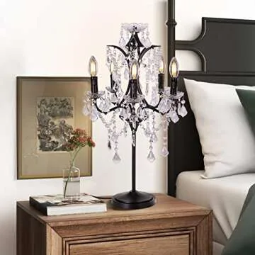 TOCHIC 5-Light Farmhouse Tranditional Crystal Table Lamp, Black Craft Candelabra Lighting Fixture 30'' Tall for Living Room, Reading Room, Bedroom, Office