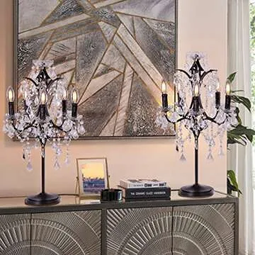 TOCHIC 5-Light Farmhouse Tranditional Crystal Table Lamp, Black Craft Candelabra Lighting Fixture 30'' Tall for Living Room, Reading Room, Bedroom, Office