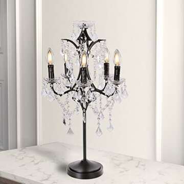 TOCHIC 5-Light Farmhouse Tranditional Crystal Table Lamp, Black Craft Candelabra Lighting Fixture 30'' Tall for Living Room, Reading Room, Bedroom, Office