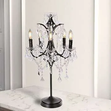 TOCHIC 5-Light Farmhouse Tranditional Crystal Table Lamp, Black Craft Candelabra Lighting Fixture 30'' Tall for Living Room, Reading Room, Bedroom, Office