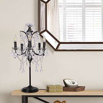 TOCHIC 5-Light Farmhouse Tranditional Crystal Table Lamp, Black Craft Candelabra Lighting Fixture 30'' Tall for Living Room, Reading Room, Bedroom, Office