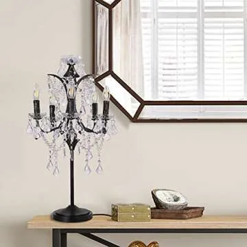 TOCHIC 5-Light Farmhouse Tranditional Crystal Table Lamp, Black Craft Candelabra Lighting Fixture 30'' Tall for Living Room, Reading Room, Bedroom, Office