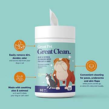 Great Pets - Great Clean Pet Wipes for Dogs & Cats - 60 Aloe & Oatmeal Grooming Wipes for Deodorizin...