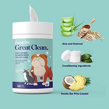 Great Pets - Great Clean Pet Wipes for Dogs & Cats - 60 Aloe & Oatmeal Grooming Wipes for Deodorizing & Cleaning Dirt, Dandruff & Smell - Wash & Clean Paws, Skin & Coat, Butt - Waterless Without Soap