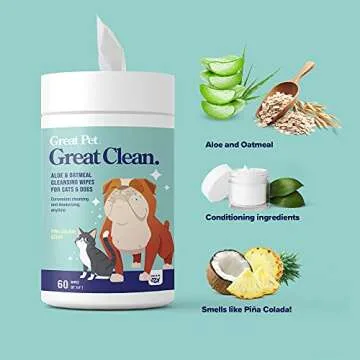 Great Pets - Great Clean Pet Wipes for Dogs & Cats - 60 Aloe & Oatmeal Grooming Wipes for Deodorizing & Cleaning Dirt, Dandruff & Smell - Wash & Clean Paws, Skin & Coat, Butt - Waterless Without Soap