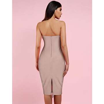 UONBOX Women's Strapless Elegant Tassel Tube Dress Bodycon Party Bandage Dress NudeM