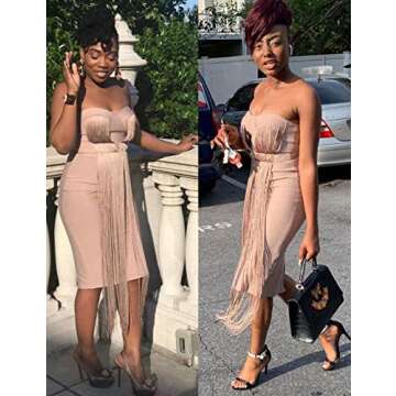 UONBOX Women's Strapless Elegant Tassel Tube Dress Bodycon Party Bandage Dress NudeM