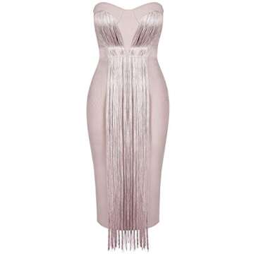 UONBOX Women's Strapless Elegant Tassel Tube Dress Bodycon Party Bandage Dress NudeM