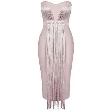UONBOX Women's Strapless Elegant Tassel Tube Dress Bodycon Party Bandage Dress NudeM