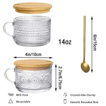 LMHEJING 4 Pcs 14 oz Vintage Coffee Mugs with Bamboo Lids and Spoons, Glass Tea Cups, Cute Glass Cups, Iced Coffee Cup, Embossed Breakfast Cups for Cappuccino, Latte, Tea (Clear)