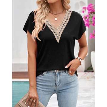 MEROKEETY Women's Casual Cap Sleeve Lace Trim V Neck Tops - 2025 Summer Fashion