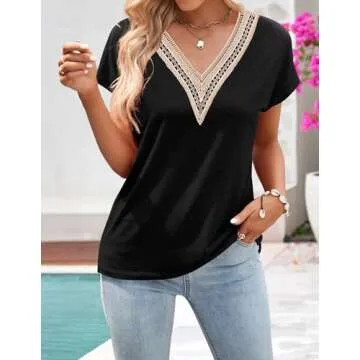 Shop MEROKEETY Women's Elegant Lace Trim V Neck Tee