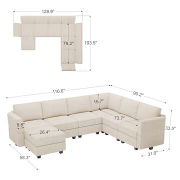 Belffin Modular Sectional Sofa with Storage Ottoman – Beige U-Shaped Couch