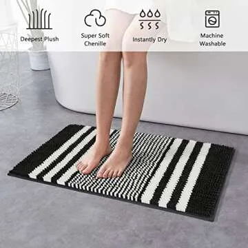 Starryle Bathroom Rugs Set 2 Piece, Extra Soft and Absorbent Fluffy Striped Chenille Bath Mat Rug Set, Non Slip Bathroom Floor Mat, Machine Washable (20" x 32" Plus 16" x 24", Black)