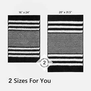 Starryle Bathroom Rugs Set 2 Piece, Extra Soft and Absorbent Fluffy Striped Chenille Bath Mat Rug Set, Non Slip Bathroom Floor Mat, Machine Washable (20" x 32" Plus 16" x 24", Black)