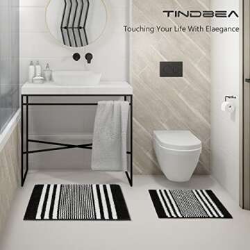 Starryle Bathroom Rugs Set 2 Piece, Extra Soft and Absorbent Fluffy Striped Chenille Bath Mat Rug Set, Non Slip Bathroom Floor Mat, Machine Washable (20" x 32" Plus 16" x 24", Black)