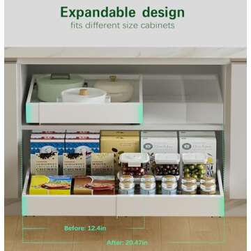Seinloes 1 Pack Expandable Pull Out Cabinet Organizer 16.5" Deep, Upgrade 3 Slide Rails Slide Out Drawer for Kitchen Cabinets, No Drill Roll Out Shelf Adhesive, Adjustable Width 12.2"-20.4" White